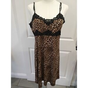 Womens Leopard Print Slip Dress Lace Trim Spaghetti Strap Nightgown Lingerie-M